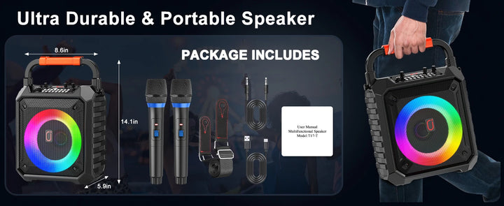 T17-T Wireless Bluetooth Speaker, Karaoke Machine with 2 Microphone, Home Karaoke System with LED Party Light