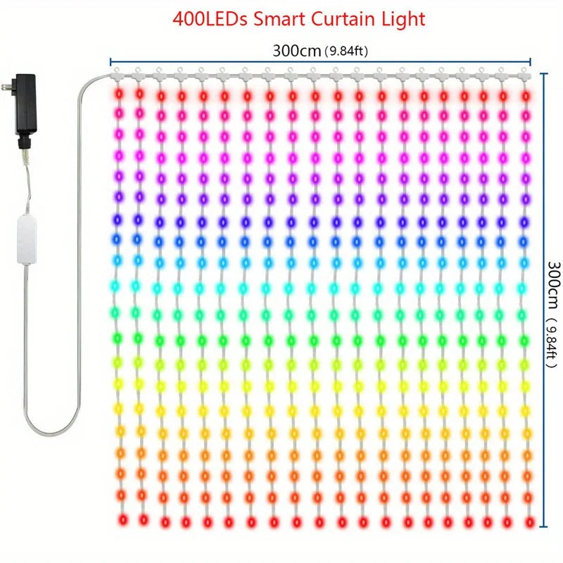 400 LED Smart Curtain Fairy Lights DIY Christmas String Light RGB Changing Music Sync Text Remote App Controlled Curtain Lights