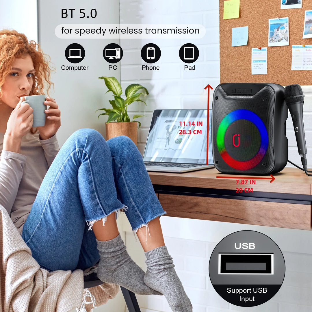 FanFun Karaoke Machine, Portable Bluetooth Speaker with 1 Wired Mic, Home Karaoke Speaker System with LED Party Light