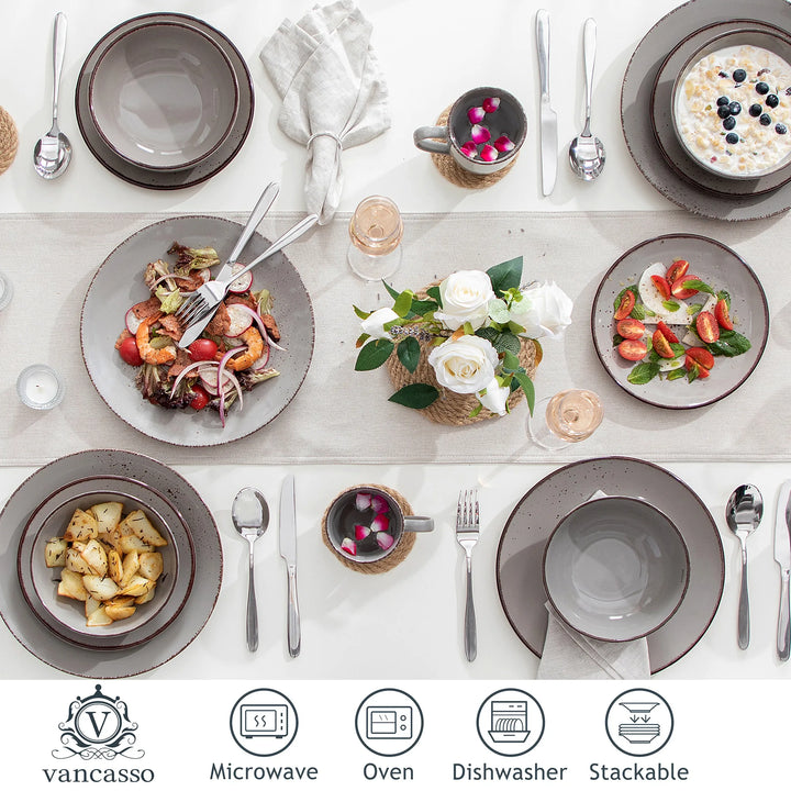 Vancasso Navia Grey 16/32/48-Piece Ceramic Stoneware Dinnerware Set with Dinner Plate,Dessert Plate,800ml Bowl,Mug Tableware Set
