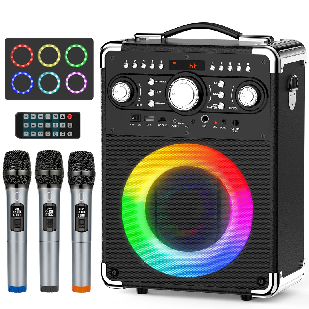 FanFun Karaoke Speaker with 3 Wireless Microphone, Bluetooth Speaker with LED Light, Portable Outdoor Party Speaker