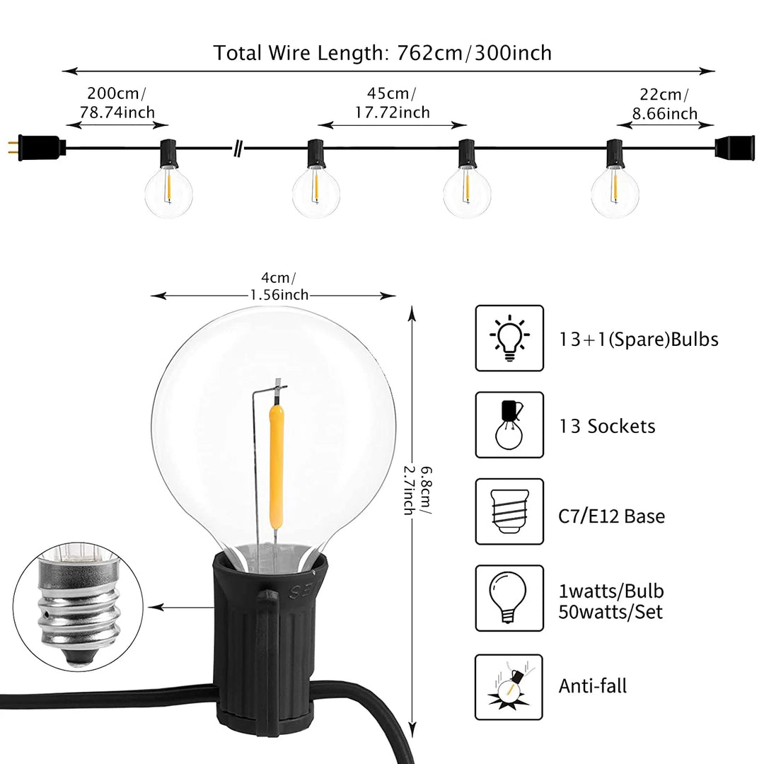 LED G40 Globe String Lights With US Plug, E12 Base, Waterproof Shatterproof Outdoor Hanging Patio Lamps for Backyard Porch