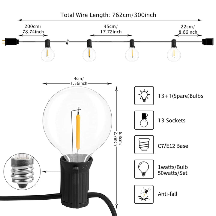LED G40 Globe String Lights With US Plug, E12 Base, Waterproof Shatterproof Outdoor Hanging Patio Lamps for Backyard Porch