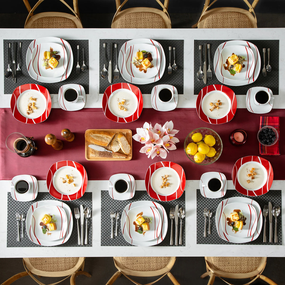 MALACASA Series Felisa 30 Piece Red Stripes Ivory White Porcelain Dinner Set with 6 Piece Cups Saucers Dessert Soup Dinner Plate