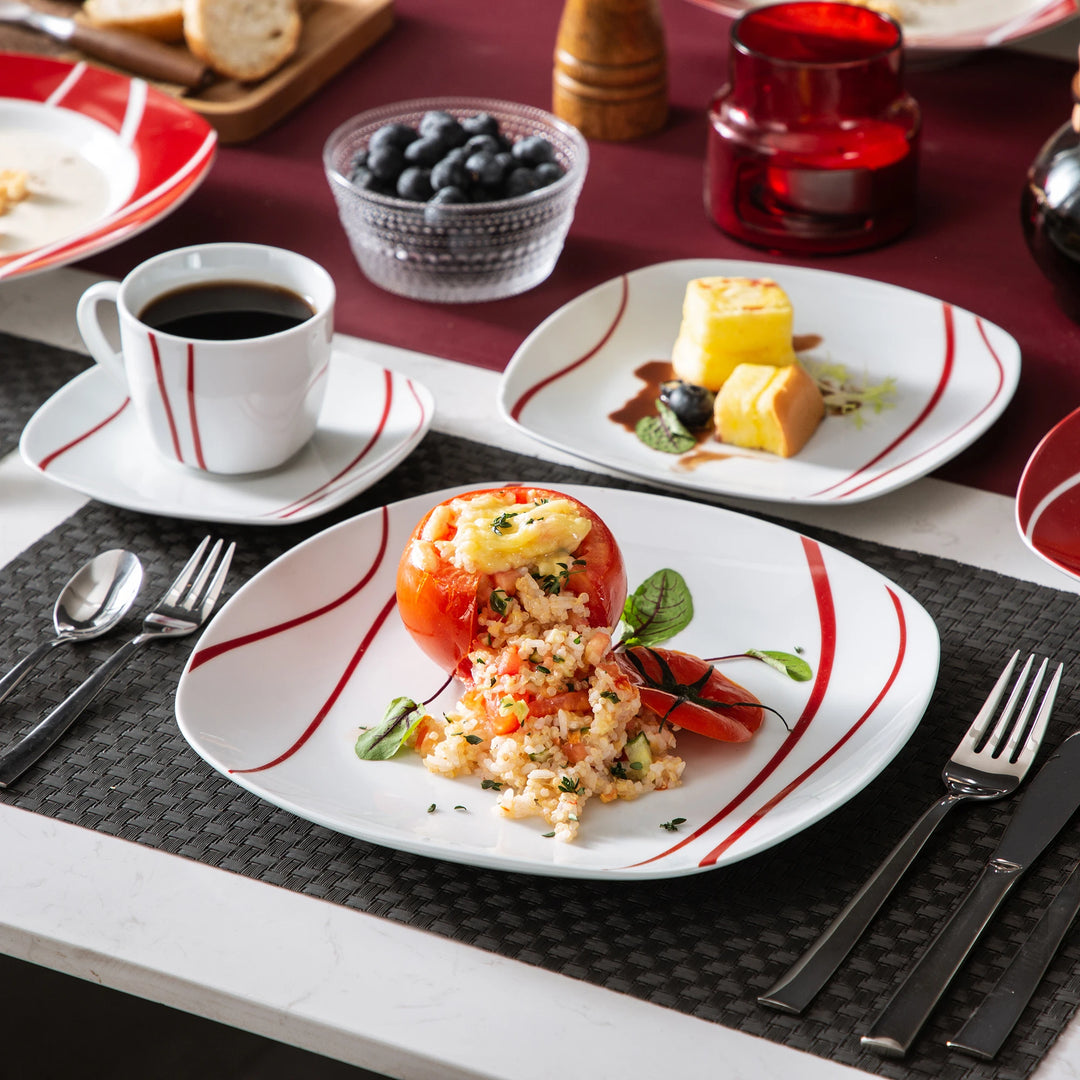 MALACASA Series Felisa 30 Piece Red Stripes Ivory White Porcelain Dinner Set with 6 Piece Cups Saucers Dessert Soup Dinner Plate