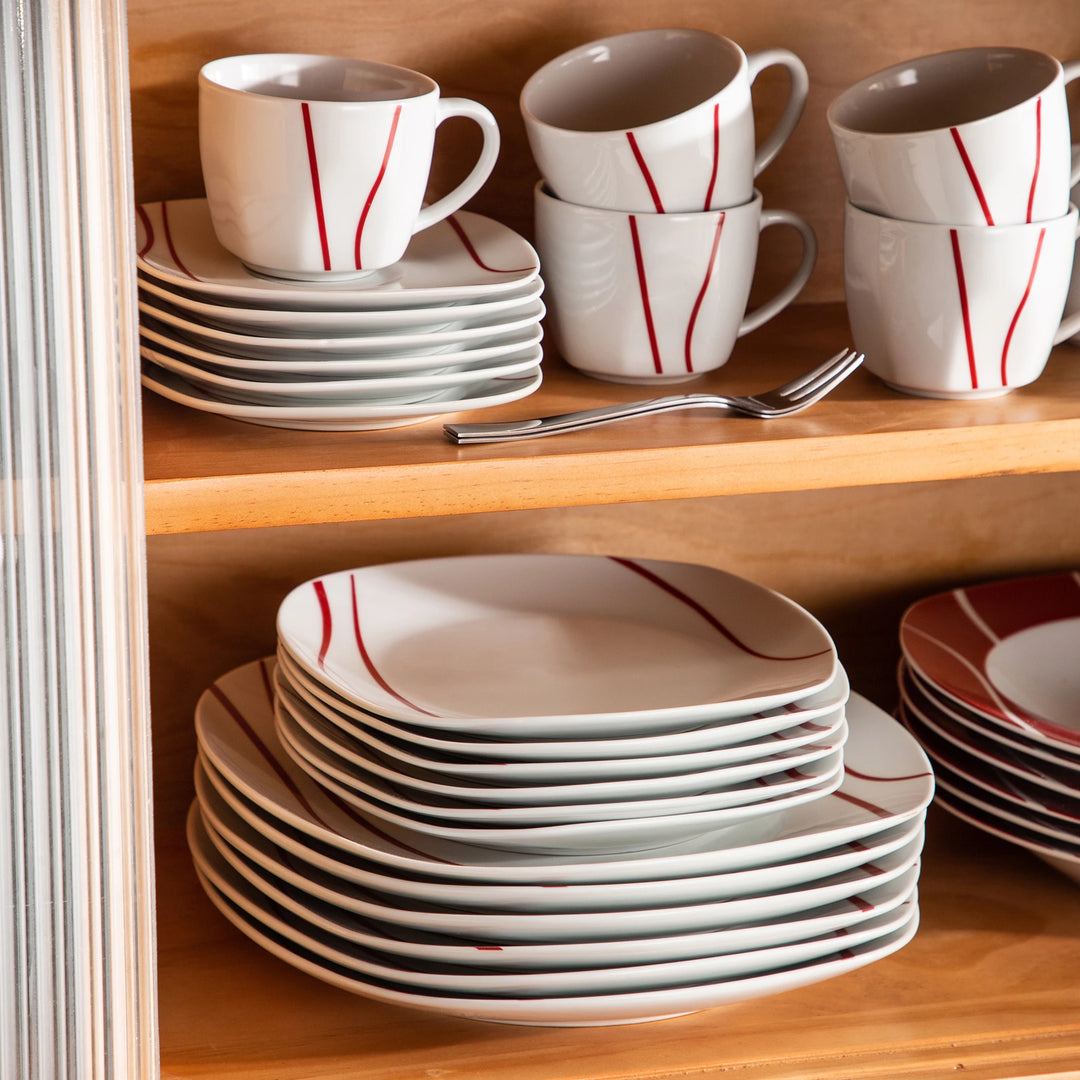 MALACASA Series Felisa 30 Piece Red Stripes Ivory White Porcelain Dinner Set with 6 Piece Cups Saucers Dessert Soup Dinner Plate