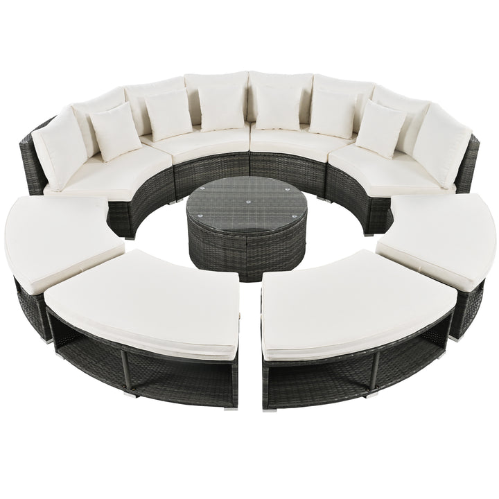 Outdoor Patio Furniture Luxury Circular Outdoor Sofa Set Rattan Wicker Sectional Sofa Lounge Set with Tempered Glass Coffee Table, 6 Pillows