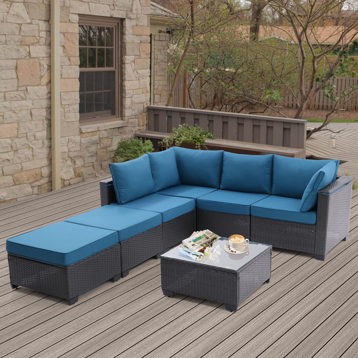 7 Pieces Outdoor Patio Furniture Set,Sectional Conversation Sofa Of Corner Chairs, Ottomans And Glass Top Table,All Weather PE Rattan and Steel Frame With Removable Cushions