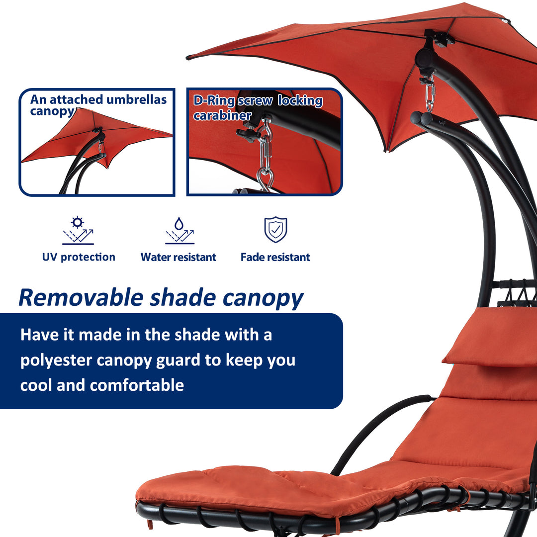 Hanging Chaise Lounger with Removable Canopy, Outdoor Swing Chair with Built-in Pillow, Hanging Curved Chaise Lounge Chair Swing for Patio Porch Poolside, Hammock Chair with Stand