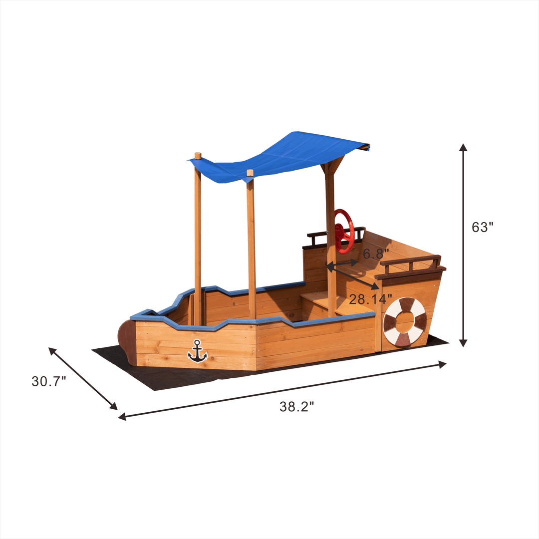 Outsunny Pirate Ship Sandbox with Cover and Rudder,  Wooden Sandbox with Storage Bench and Seat, Outdoor Toy for Kids Ages 3-8 Years Old