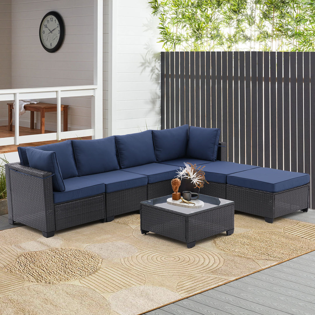 7 Pieces Outdoor Patio Furniture Set,Sectional Conversation Sofa Of Corner Chairs, Ottomans And Glass Top Table,All Weather PE Rattan and Steel Frame With Removable Cushions