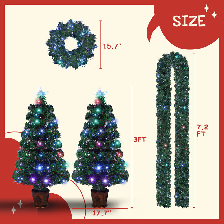 Pre-lit Optical Fiber Christmas Artificial Tree 4-Piece Set, Christmas Garland, Wreath and set of 2 Entrance Trees with Colorful Lights, PVC Festival Celebration Set