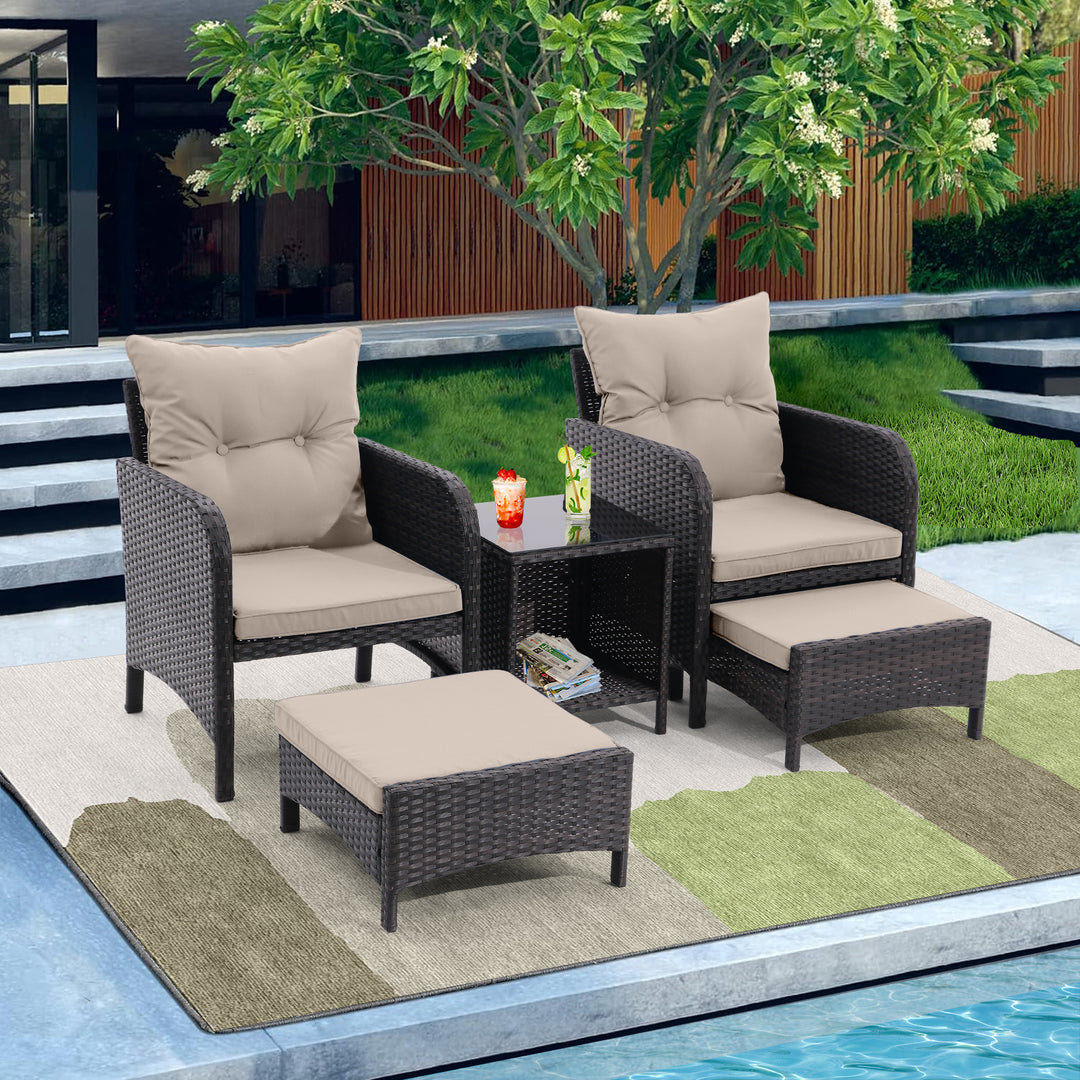 5 Piece Outdoor Patio Furniture Set, All Weather PE Rattan Conversation Chairs with Armrest and Removable Cushions, Ottomans and Storage Coffee Table for Poolside Garden Balcony Deck