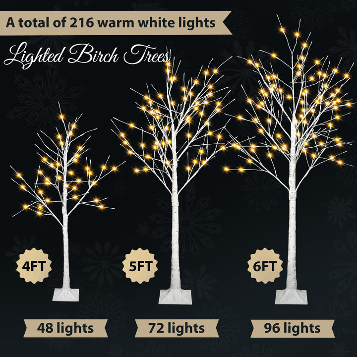 Set of Lighted Birch Tree, 4FT 48 LED/5FT 72 LED/6FT 96 LED Artificial Tree with Warm White Lights, Christmas Tree