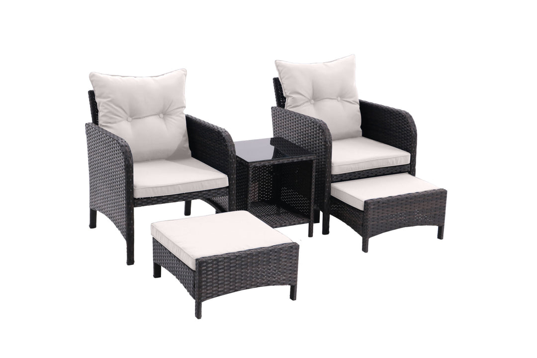 5 Piece Outdoor Patio Furniture Set, All Weather PE Rattan Conversation Chairs with Armrest and Removable Cushions, Ottomans and Storage Coffee Table for Poolside Garden Balcony Deck