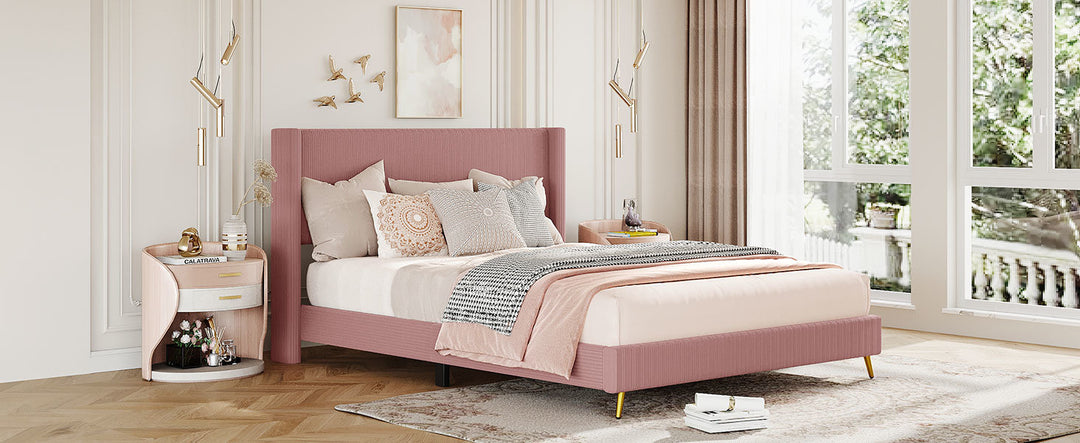 Queen Size Corduroy Platform Bed with Metal Legs