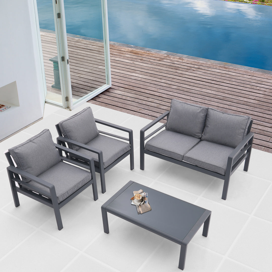 4-piece Aluminum Outdoor Patio Conversation Set, All-Weather Sectional Sofa Outside Furniture with Removable Cushions and Tempered Glass Coffee Table for Courtyard