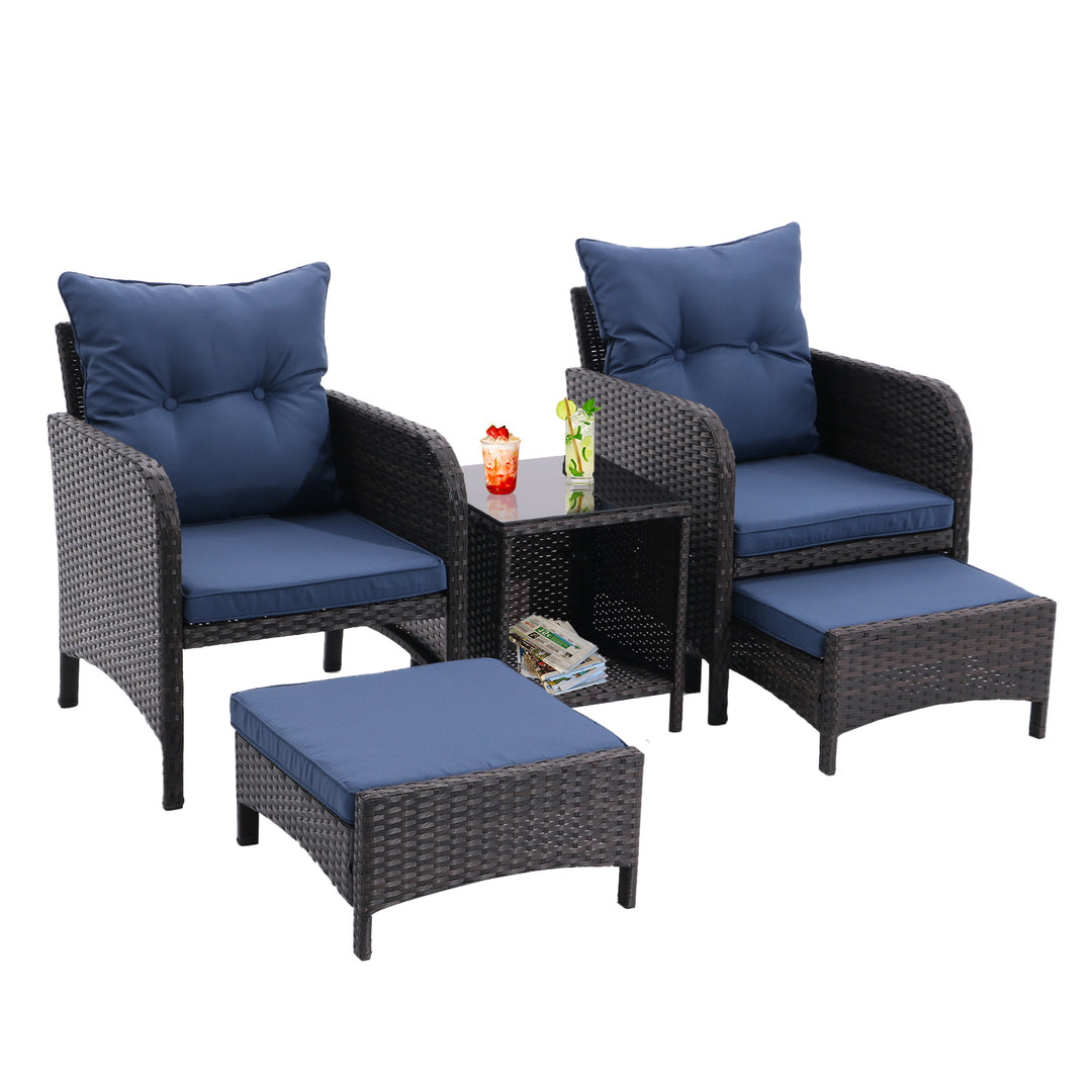 5 Piece Outdoor Patio Furniture Set, All Weather PE Rattan Conversation Chairs with Armrest and Removable Cushions, Ottomans and Storage Coffee Table for Poolside Garden Balcony Deck