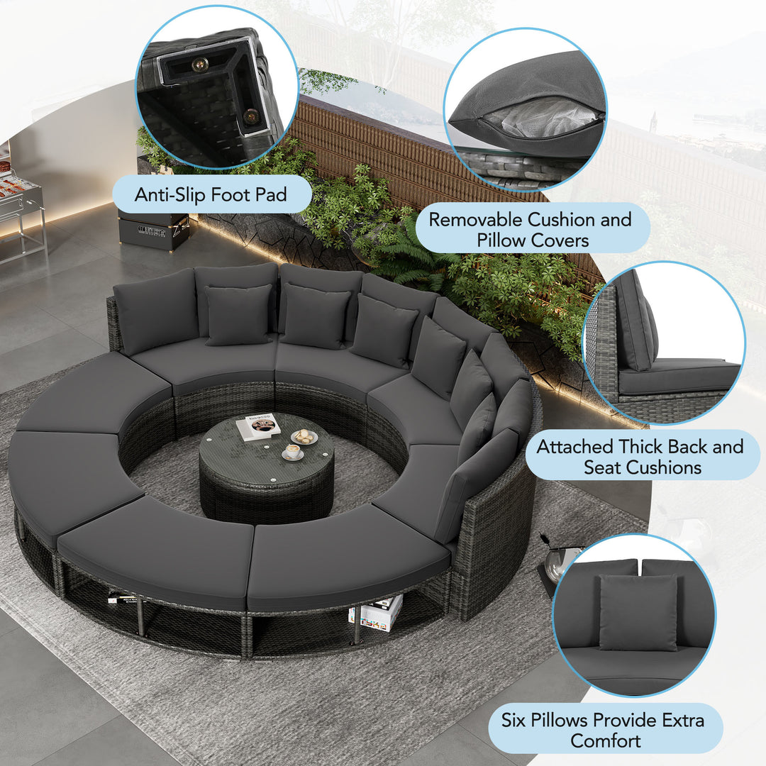 Outdoor Patio Furniture Luxury Circular Outdoor Sofa Set Rattan Wicker Sectional Sofa Lounge Set with Tempered Glass Coffee Table, 6 Pillows