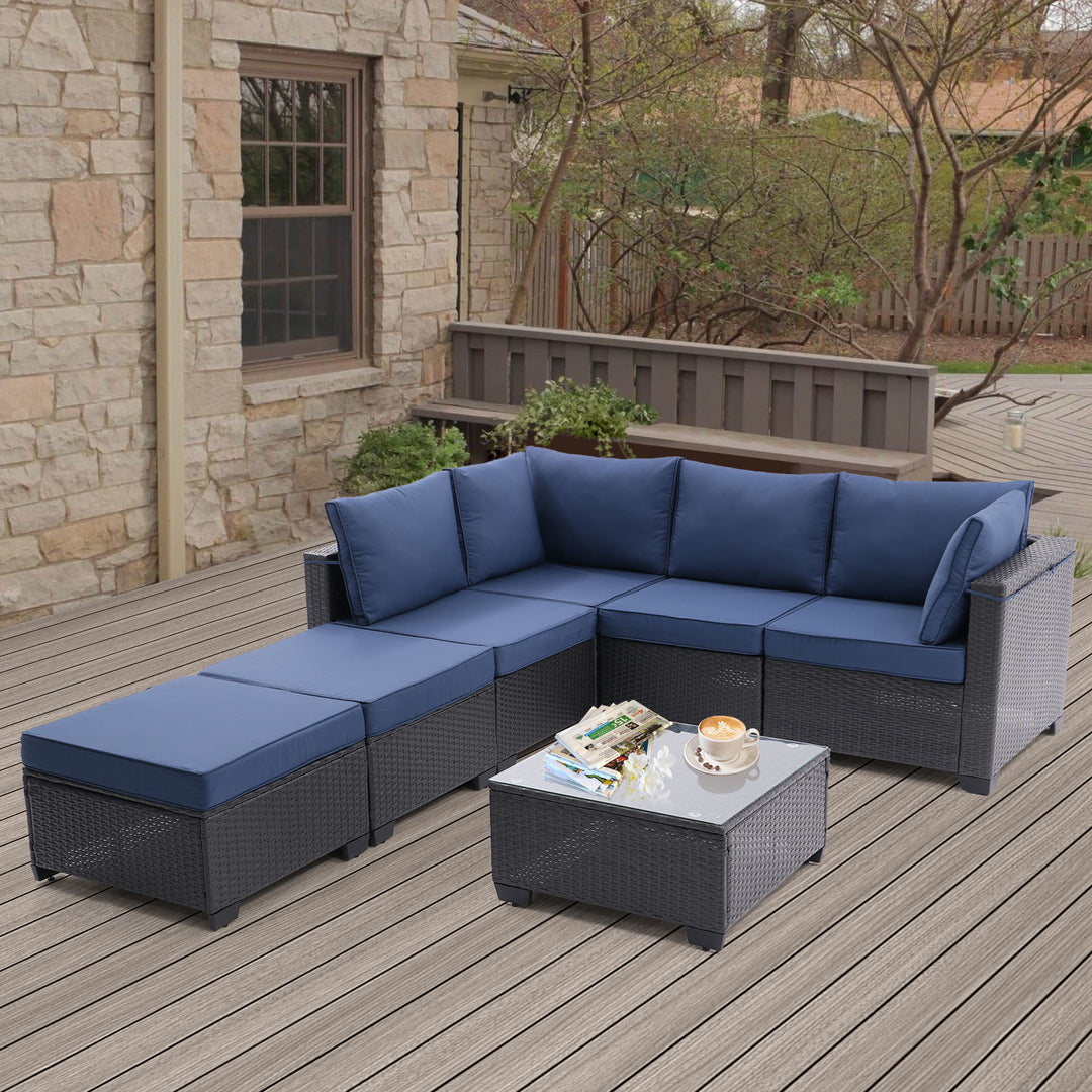 7 Pieces Outdoor Patio Furniture Set,Sectional Conversation Sofa Of Corner Chairs, Ottomans And Glass Top Table,All Weather PE Rattan and Steel Frame With Removable Cushions