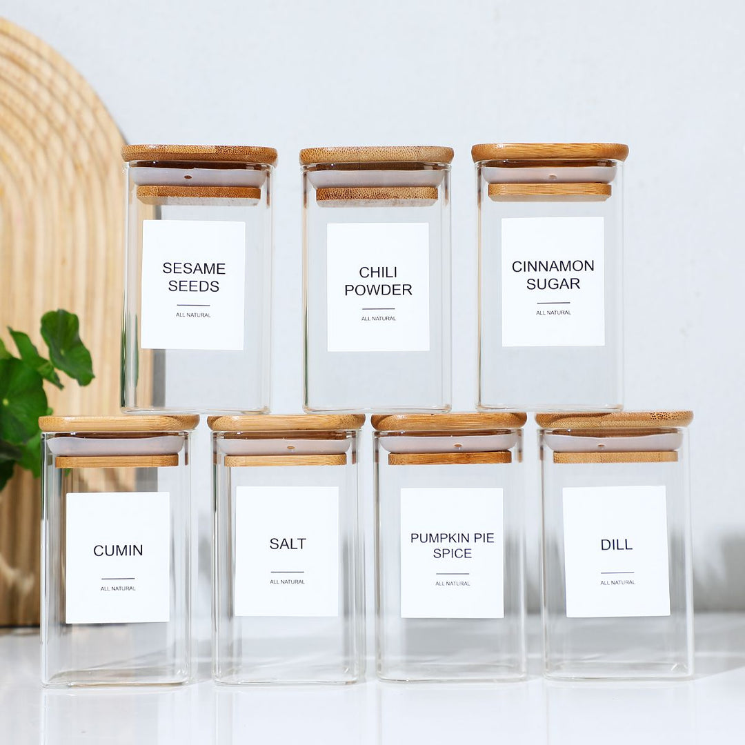 18 PCS Square Seasoning Jar Pepper Seasoning Bottle Pepper Powder Bottle 240ml Bamboo Wood Glass Seasoning Tank Square Spice Bottle