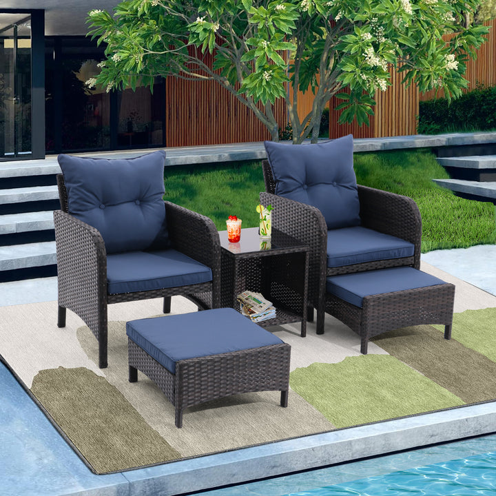 5 Piece Outdoor Patio Furniture Set, All Weather PE Rattan Conversation Chairs with Armrest and Removable Cushions, Ottomans and Storage Coffee Table for Poolside Garden Balcony Deck