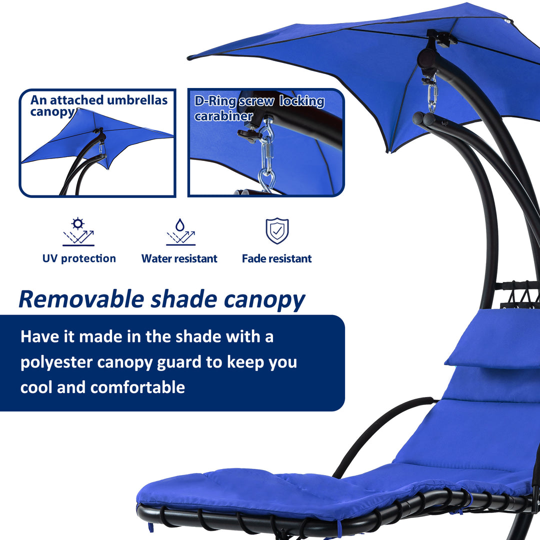 Hanging Chaise Lounger with Removable Canopy, Outdoor Swing Chair with Built-in Pillow, Hanging Curved Chaise Lounge Chair Swing for Patio Porch Poolside, Hammock Chair with Stand