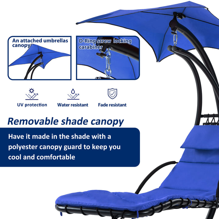 Hanging Chaise Lounger with Removable Canopy, Outdoor Swing Chair with Built-in Pillow, Hanging Curved Chaise Lounge Chair Swing for Patio Porch Poolside, Hammock Chair with Stand