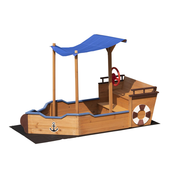 Outsunny Pirate Ship Sandbox with Cover and Rudder,  Wooden Sandbox with Storage Bench and Seat, Outdoor Toy for Kids Ages 3-8 Years Old