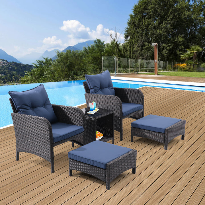 5 Piece Outdoor Patio Furniture Set, All Weather PE Rattan Conversation Chairs with Armrest and Removable Cushions, Ottomans and Storage Coffee Table for Poolside Garden Balcony Deck