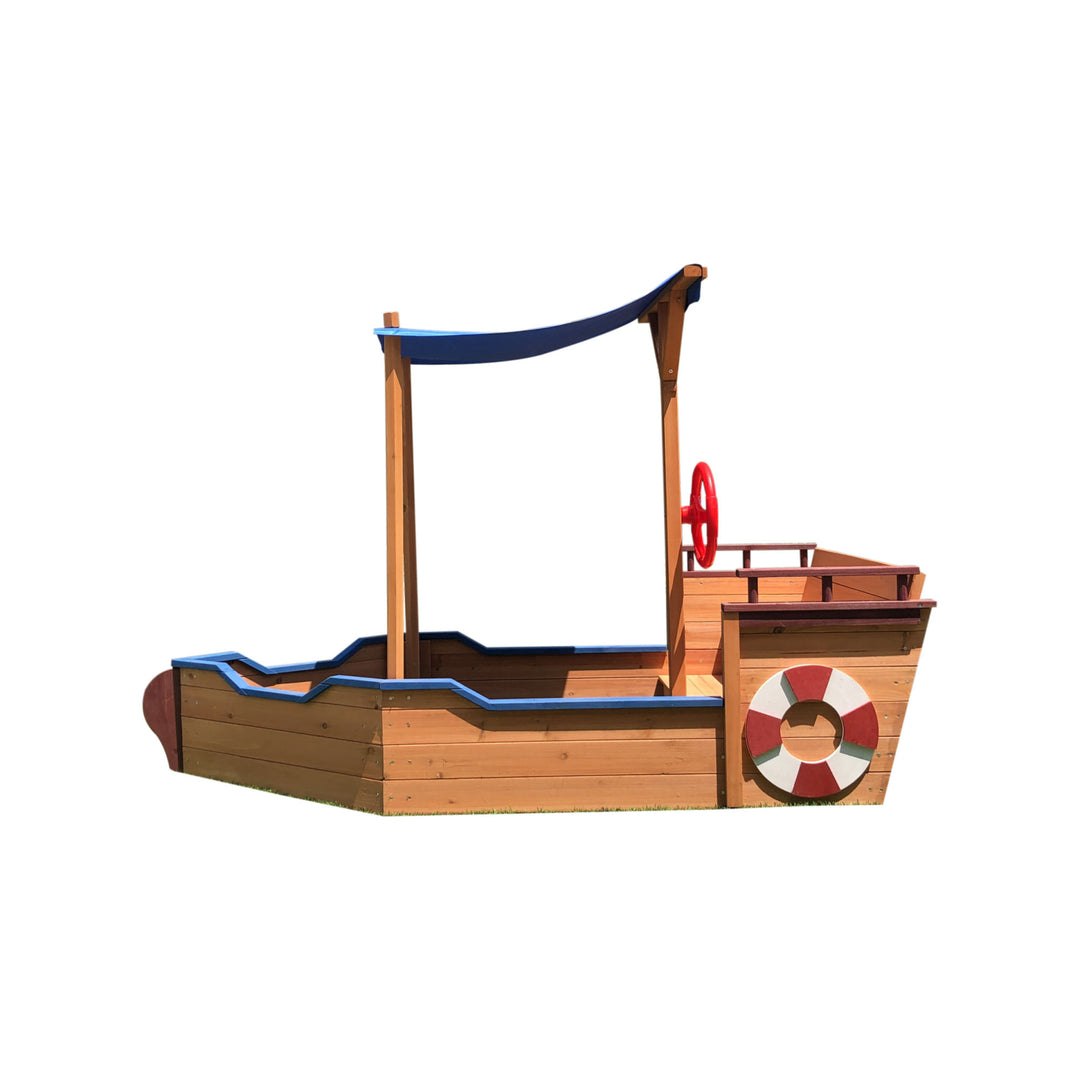 Outsunny Pirate Ship Sandbox with Cover and Rudder,  Wooden Sandbox with Storage Bench and Seat, Outdoor Toy for Kids Ages 3-8 Years Old