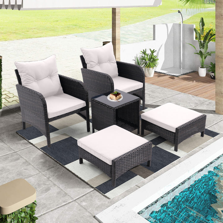 5 Piece Outdoor Patio Furniture Set, All Weather PE Rattan Conversation Chairs with Armrest and Removable Cushions, Ottomans and Storage Coffee Table for Poolside Garden Balcony Deck