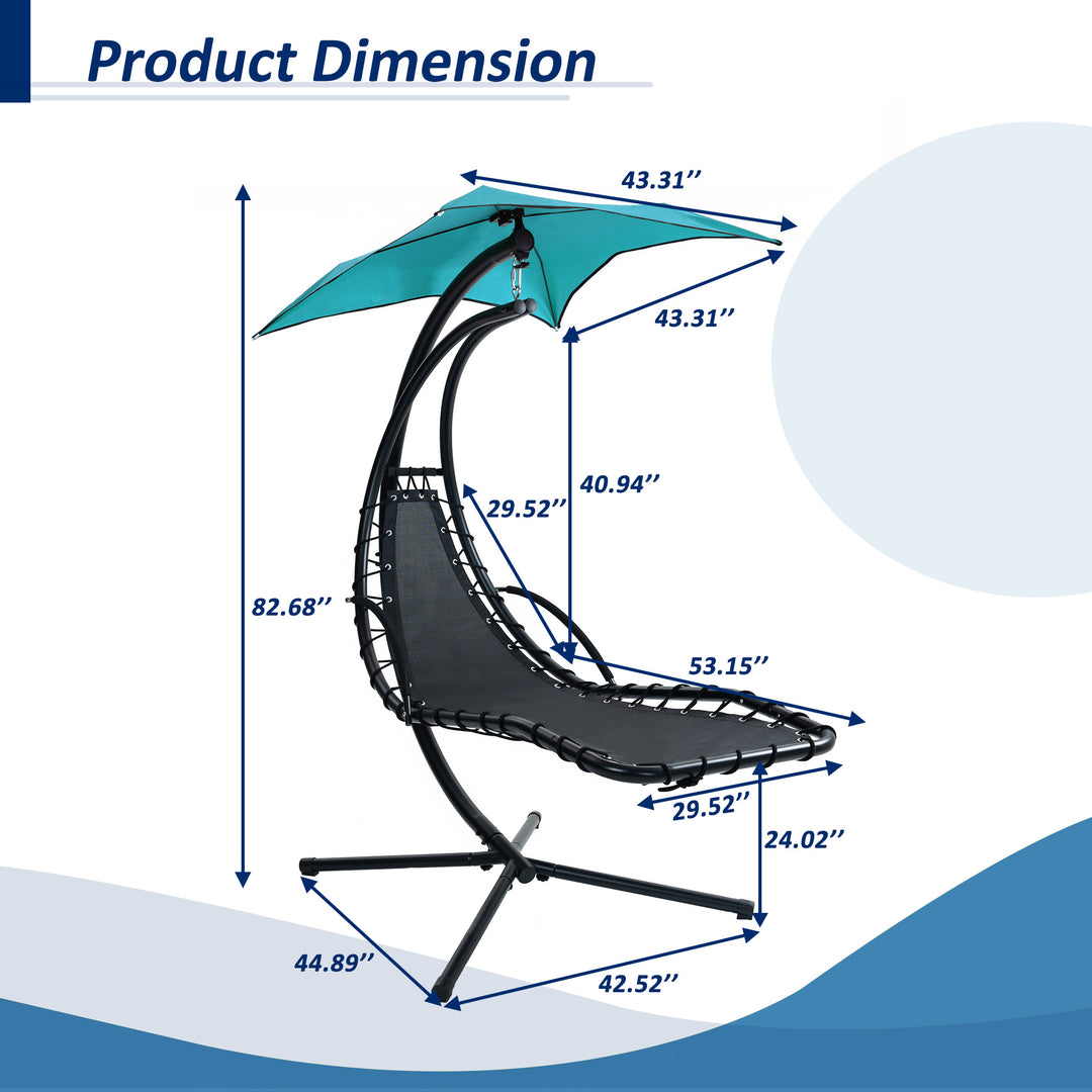 Hanging Chaise Lounger with Removable Canopy, Outdoor Swing Chair with Built-in Pillow, Hanging Curved Chaise Lounge Chair Swing for Patio Porch Poolside, Hammock Chair with Stand