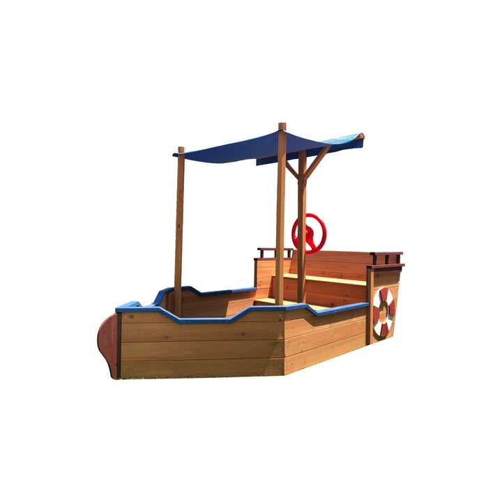 Outsunny Pirate Ship Sandbox with Cover and Rudder,  Wooden Sandbox with Storage Bench and Seat, Outdoor Toy for Kids Ages 3-8 Years Old