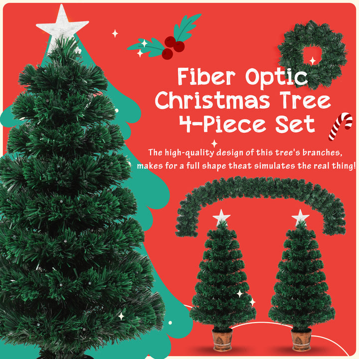 Pre-lit Optical Fiber Christmas Artificial Tree 4-Piece Set, Christmas Garland, Wreath and set of 2 Entrance Trees with Colorful Lights, PVC Festival Celebration Set