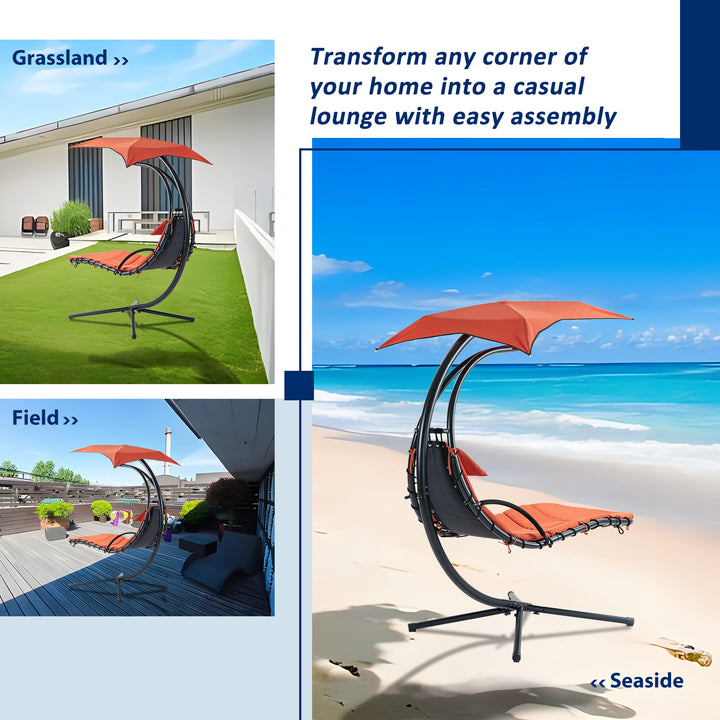 Hanging Chaise Lounger with Removable Canopy, Outdoor Swing Chair with Built-in Pillow, Hanging Curved Chaise Lounge Chair Swing for Patio Porch Poolside, Hammock Chair with Stand