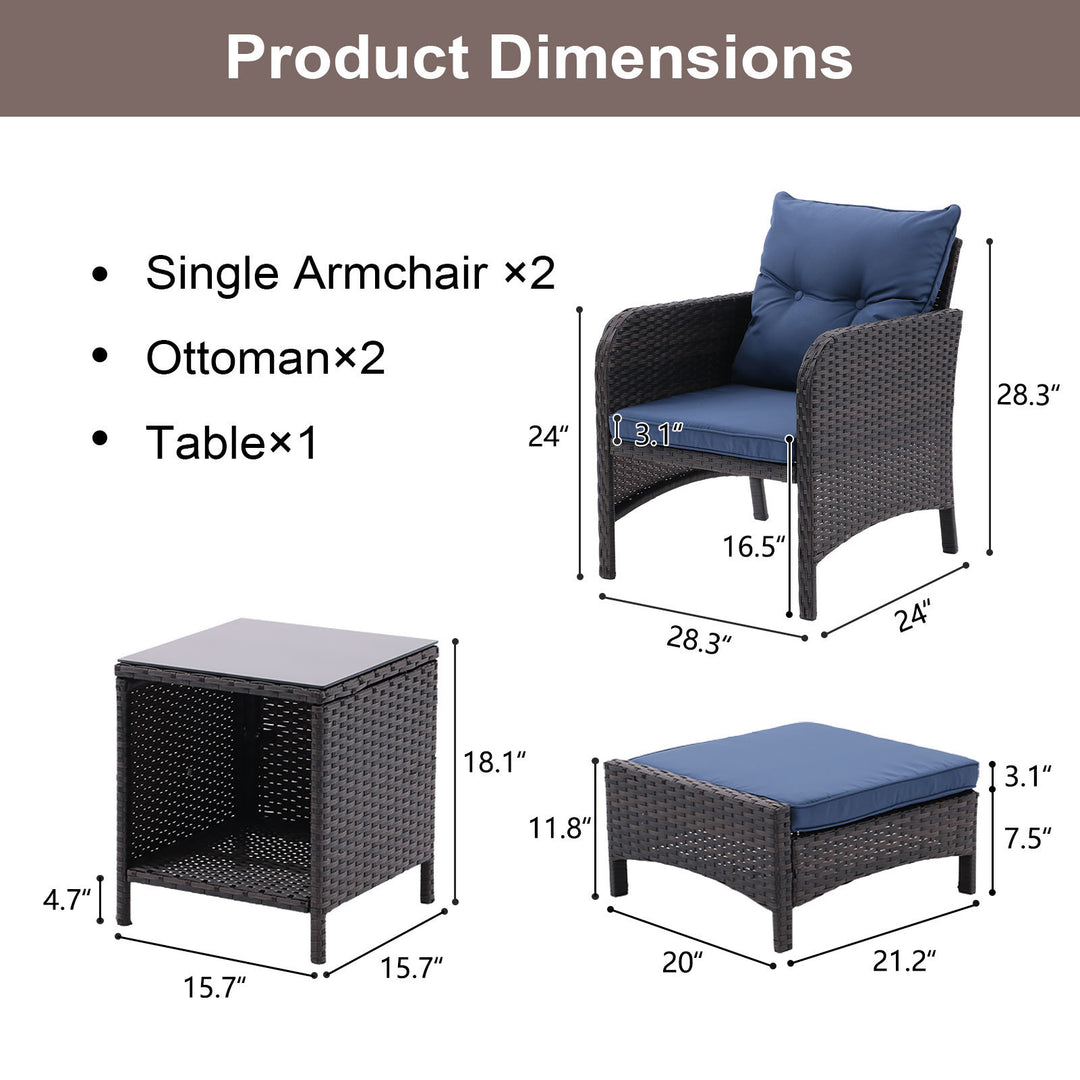 5 Piece Outdoor Patio Furniture Set, All Weather PE Rattan Conversation Chairs with Armrest and Removable Cushions, Ottomans and Storage Coffee Table for Poolside Garden Balcony Deck