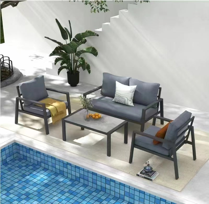 4-piece Aluminum Outdoor Patio Conversation Set, All-Weather Sectional Sofa Outside Furniture with Removable Cushions and Tempered Glass Coffee Table for Courtyard