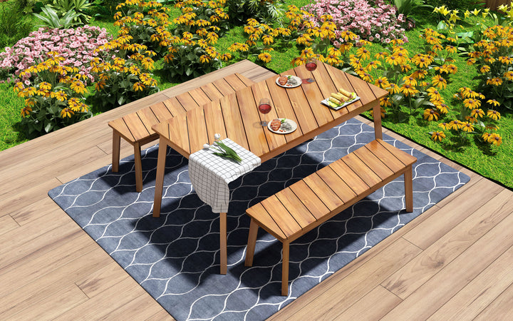 3 Pieces Acacia Wood Table Bench Dining Set For Outdoor & Indoor Furniture With 2 Benches, Picnic Beer Table for Patio, Porch, Garden, Poolside