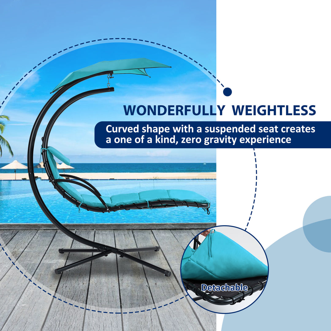 Hanging Chaise Lounger with Removable Canopy, Outdoor Swing Chair with Built-in Pillow, Hanging Curved Chaise Lounge Chair Swing for Patio Porch Poolside, Hammock Chair with Stand