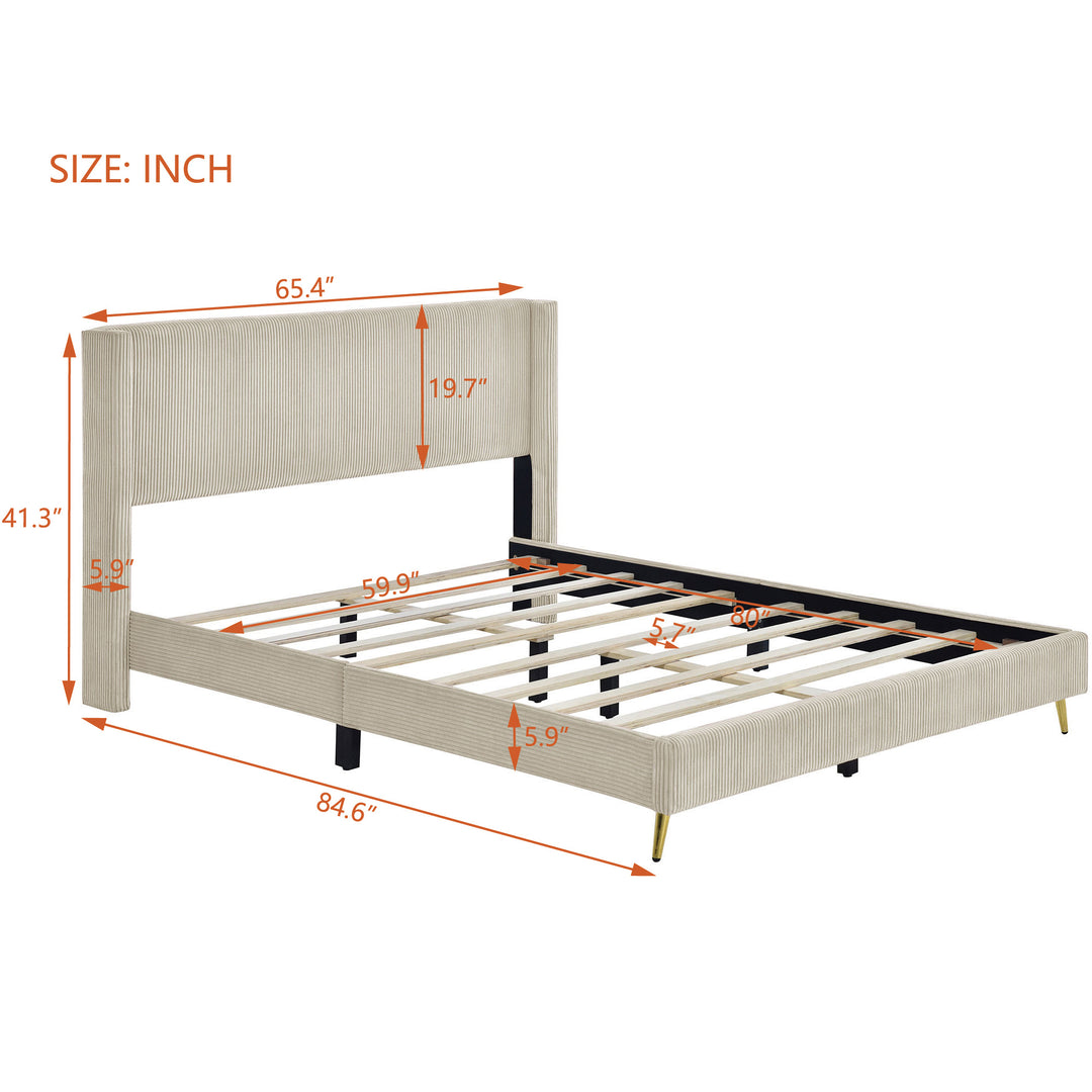 Queen Size Corduroy Platform Bed with Metal Legs