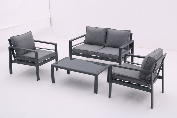 4-piece Aluminum Outdoor Patio Conversation Set, All-Weather Sectional Sofa Outside Furniture with Removable Cushions and Tempered Glass Coffee Table for Courtyard