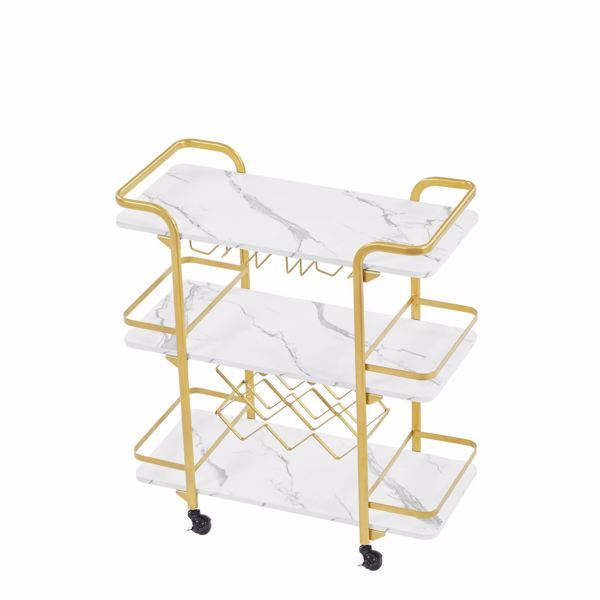 Painted Three-layer Bar Cart, With Wine Rack And Glass Holder, Suitable for Families And Small Gatherings, Gold