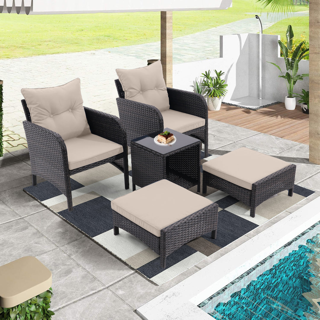 5 Piece Outdoor Patio Furniture Set, All Weather PE Rattan Conversation Chairs with Armrest and Removable Cushions, Ottomans and Storage Coffee Table for Poolside Garden Balcony Deck