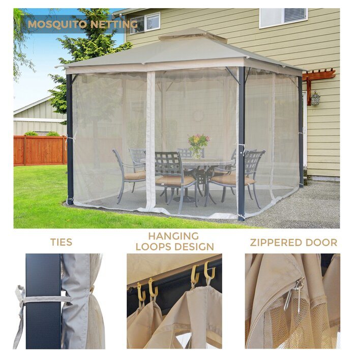 10*10FT Soft Top Canopy Patio, Outdoor Double Roof Shaded Gazebo, Metal Frame with Hanging Curtain Tent for Garden, Lawn, Backyard