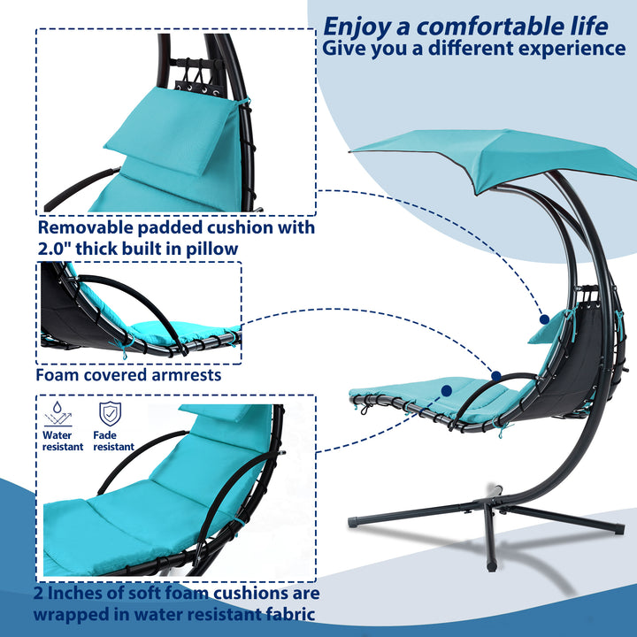 Hanging Chaise Lounger with Removable Canopy, Outdoor Swing Chair with Built-in Pillow, Hanging Curved Chaise Lounge Chair Swing for Patio Porch Poolside, Hammock Chair with Stand