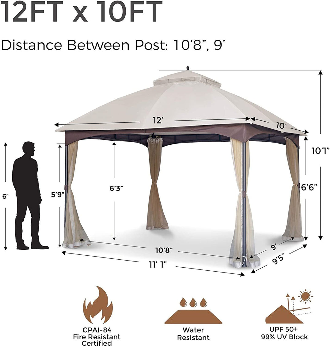 10*12 FT Soft top Metal Gazebo with Mosquito Net&Sunshade Curtains,Sturdy Heavy Duty Double Roof Canopy,Galvanized Steel Design Outdoor Tent