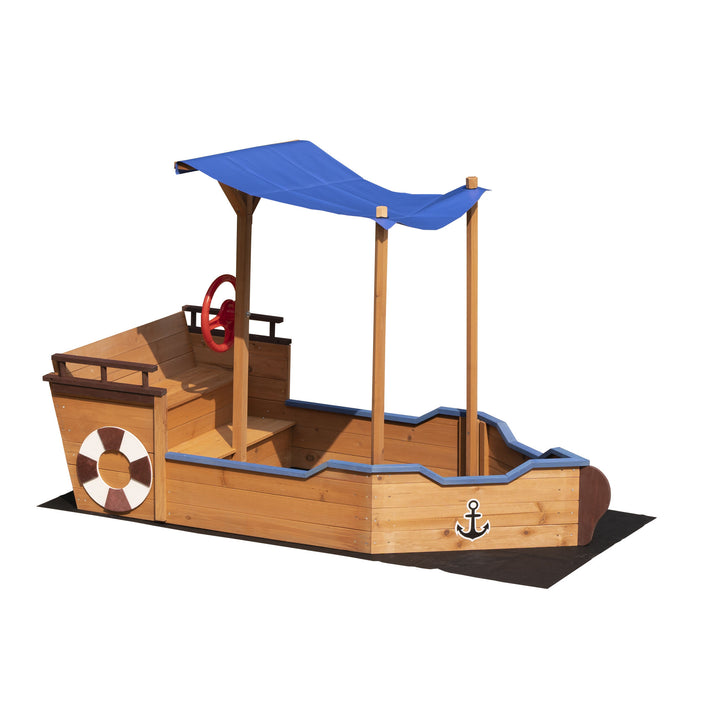 Outsunny Pirate Ship Sandbox with Cover and Rudder,  Wooden Sandbox with Storage Bench and Seat, Outdoor Toy for Kids Ages 3-8 Years Old