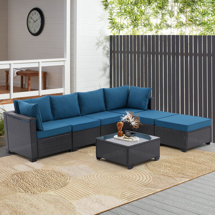 7 Pieces Outdoor Patio Furniture Set,Sectional Conversation Sofa Of Corner Chairs, Ottomans And Glass Top Table,All Weather PE Rattan and Steel Frame With Removable Cushions