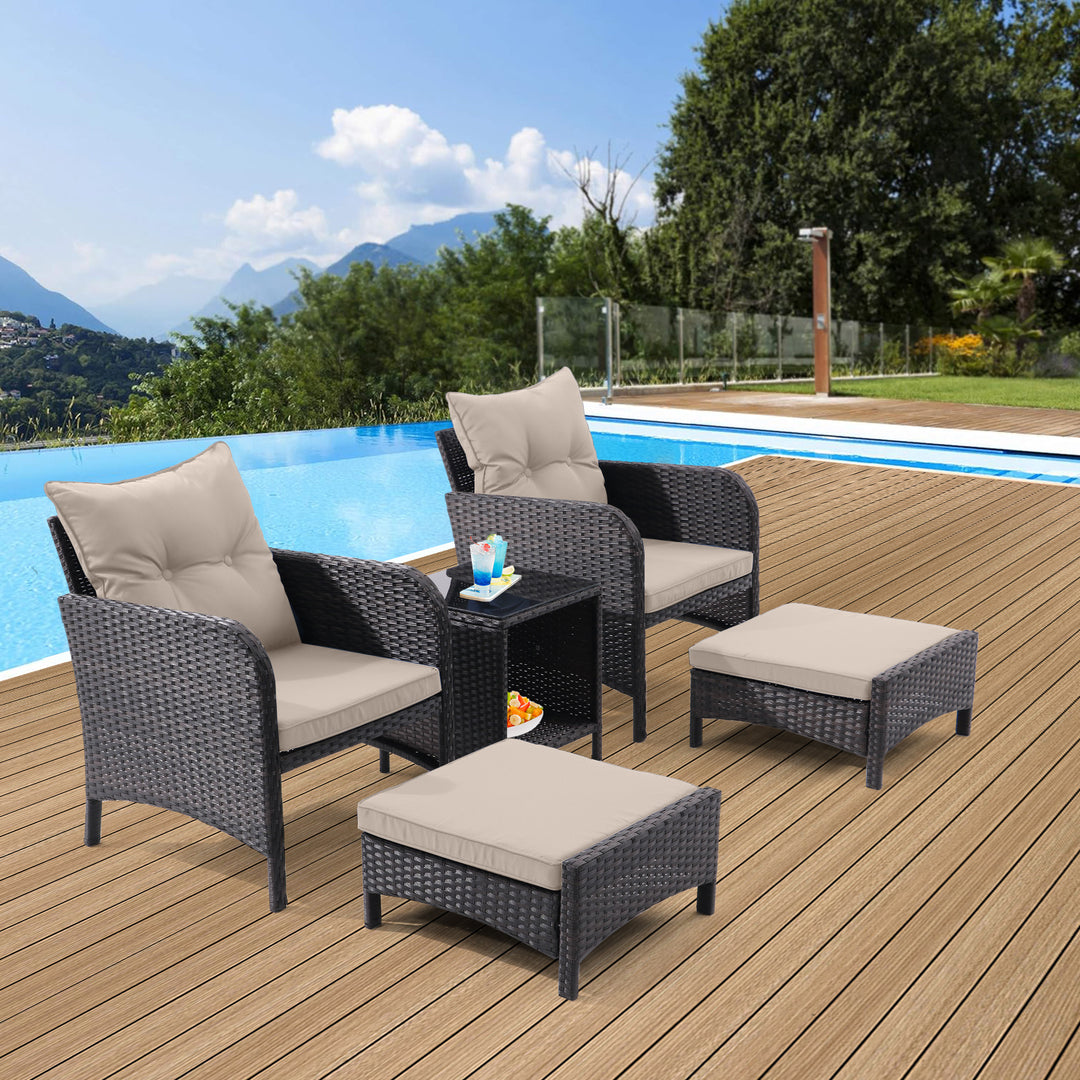 5 Piece Outdoor Patio Furniture Set, All Weather PE Rattan Conversation Chairs with Armrest and Removable Cushions, Ottomans and Storage Coffee Table for Poolside Garden Balcony Deck